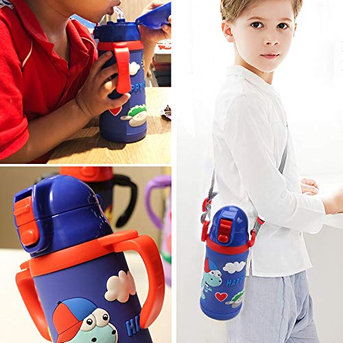 Kids Water Bottle With Straw Dinosaur Thermoses Stainless Steel Insulated Vacuum Cup BPA Free Spillproof Thermal Water Cup For Boys School Lunch - With Handle And Shoulder Strap -12oz, Blue - Thumbnail 4