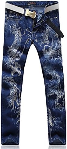 Beautface Makeup Men's Fashion Dragon Print Jeans Male Colored Drawing Painted Slim Denim Pants Elastic Black Long Trousers Blue31