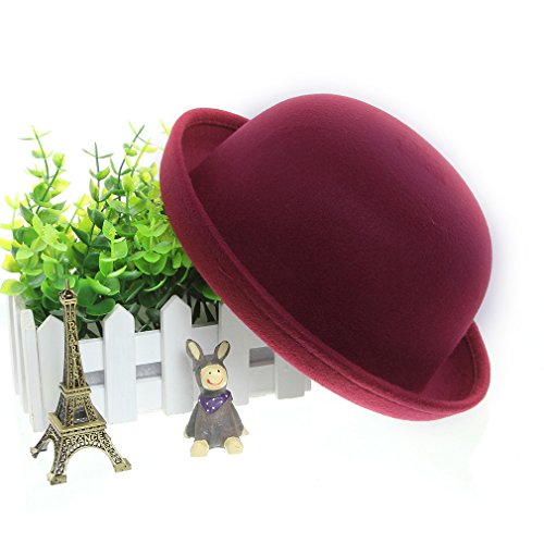 EOZY Girls Wool Felt Roll Brim Bowler Derby Hats Billycock Cloche 21" Wine - Thumbnail 2