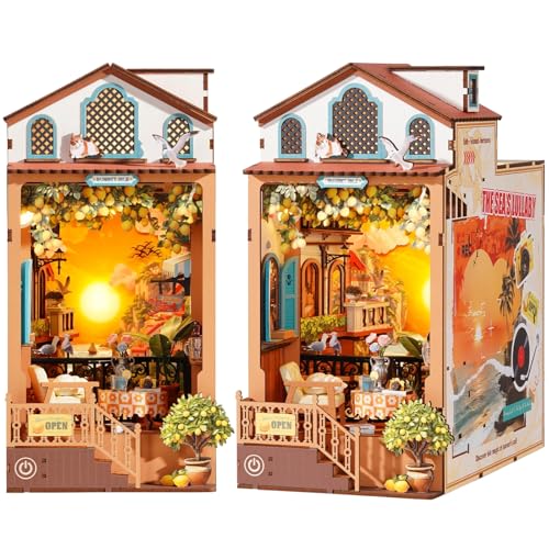Rolife Book Nook DIY Wooden Model Adult with Lights Sunset Island 3D Puzzle Miniature House Building Bookends Diorama Decoration Book Library Living Room