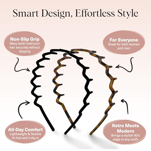 Kitsch Zig Zag Headbands for Women – Fashion Accessories for Slicked Back Styles - Comfortable Wavy Headbands | Comb Headband with Teeth | Ideal Gifts for Women - Black and Tortoise - 2 pcs