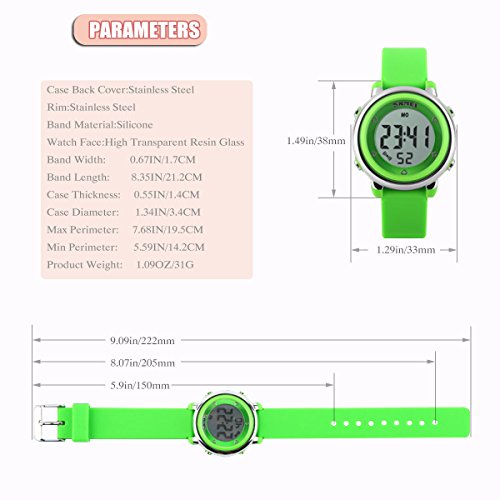 Kids Girls Boys Watches Timer with Alarm Stopwatch 7 colorful luminous Date Day (for Age 4-12, Green) - Thumbnail 4