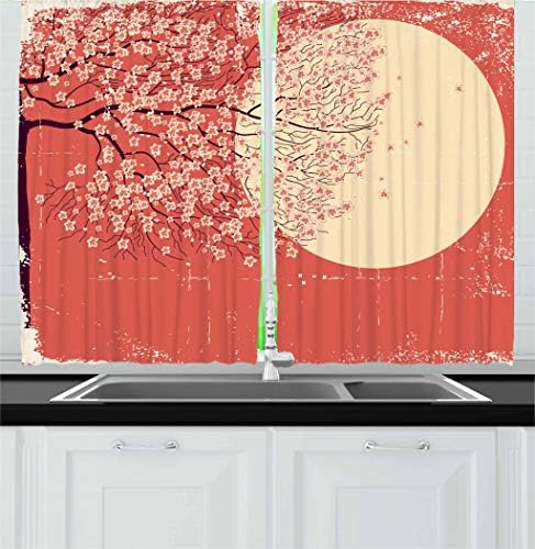 Ambesonne Spring Kitchen Curtains, Cherry Blossom Sakura Tree Branches on Moon Japanese Style Illustration, Window Drapes 2 Panel Set for Kitchen Cafe Decor, 55" X 39", Yellow Coral