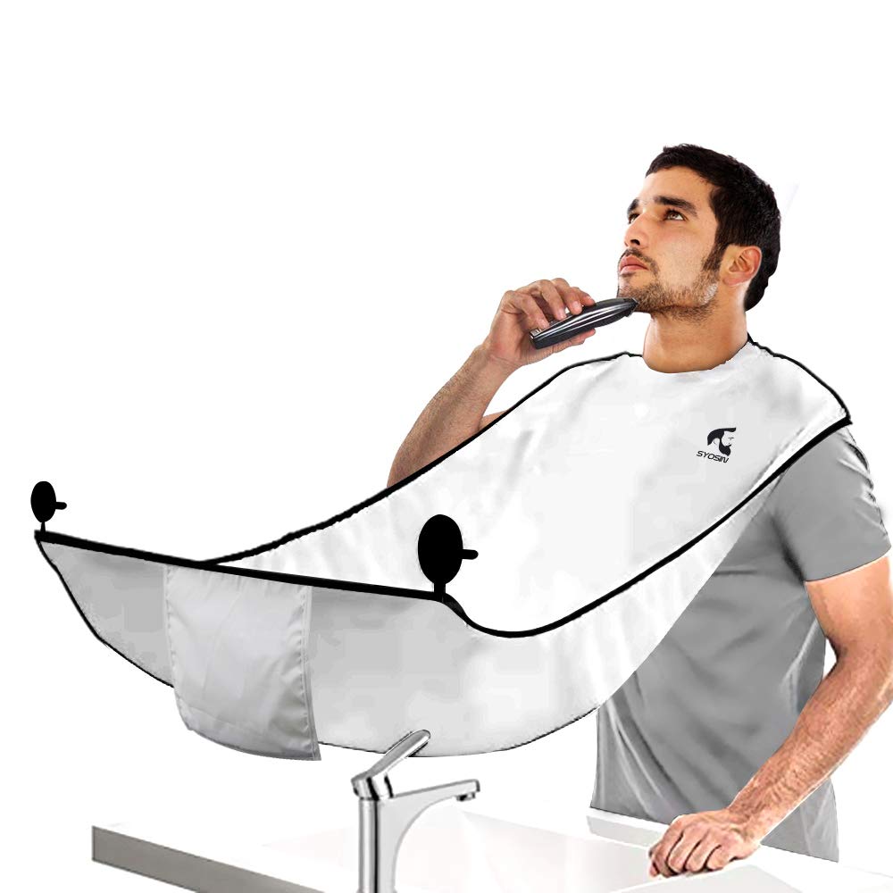 SYOSIN Beard Hair Catcher Apron with a Self-Packing Pouch for Men Shaving with Upgraded Suction Cups Adjustable Neck Straps Non-Stick Beard Cape Grooming Beard Apron Perfect Gifts for Men (White)