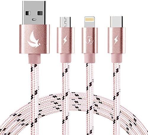 Multi Charging Cable, EliteSoft (5f) USB to Lightning+Type C+Micro Adapter Connector 3 in 1 Multiple Charger Cable cord for iPhone 6 7 plus/iPad/Galaxy S8 plus/Lg V20/Huawei Mate 9 (Rose Gold)