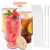 AKONEGE Ribbed Glassware Drinking Glasses with Lid