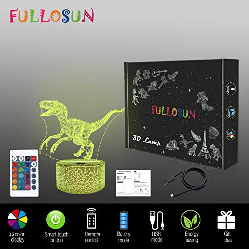 3D Night Light Jurassic Dinosaur Velociraptor Raptor LED Nightlight Baby Nursery Lamp for Kids' Room Xmas Birthday Gifts with Remote Control 16 Color Changing