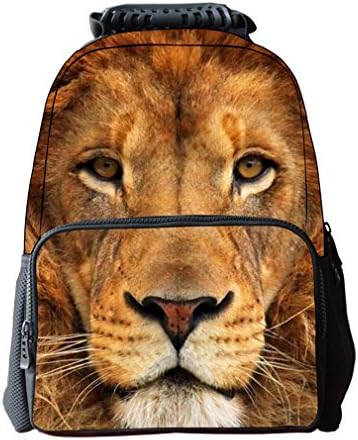Eimyt Cool 3D Animal Planar Print Pattern Polyester Fabric Book Bag With Side Net Bottle Pouch For Unisex Student Kid Backpack Lion 30L