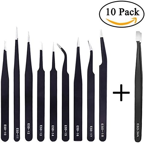 RyhamPaper Tweezers 10-piece Precision Anti-static ESD Stainless Steel Tweezers for Electronics, Jewelry-making, Laboratory Work, Hobbies,with Storage Bag