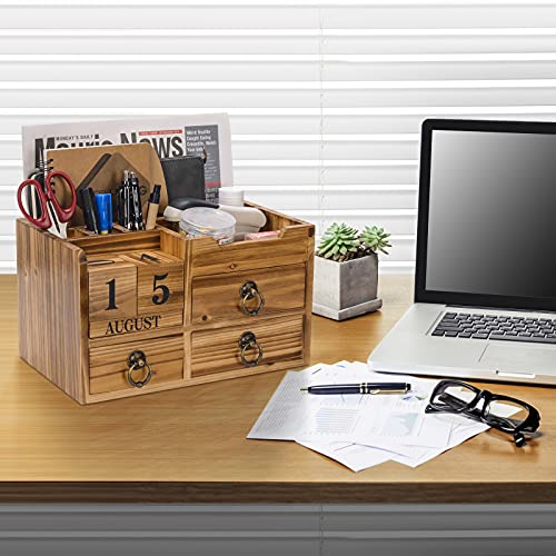 Wooden Desk Organizer, Rustic Desktop Organizer with 3 Block Calendar