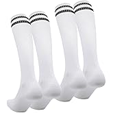 OVOY Kids Football Soccer Socks, 2 Pairs Boys Girls Long Knee-High White Breathable Socks Sports Training Athletic 6-12 Old