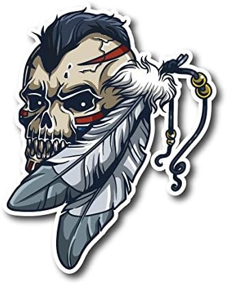 #10600 Native American Indian Skull with Feathers Sticker Decal for Car Bumper, Motorcycles, Windows, Laptops, Walls and More (6")