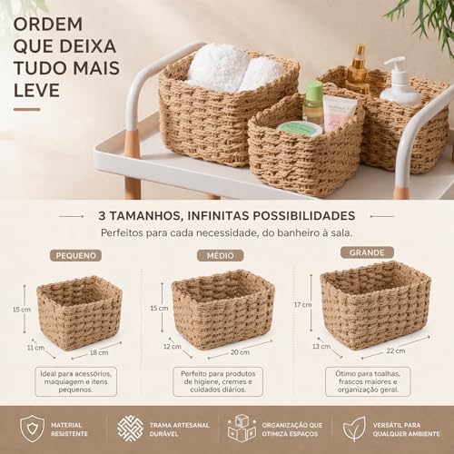 Kit 3 Cestos Organizadores Decorativos em Corda Natural Trançada Cestos Multiuso para Quarto Sala Banheiro e Decoração
