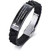 Religious Quote Faith Christian Bible Verses Inspirational Powerful Scripture ID Wristband Cross Silicone Bracelets, God Bracelet Gift Idea for Men, gift for him for love husband father boys