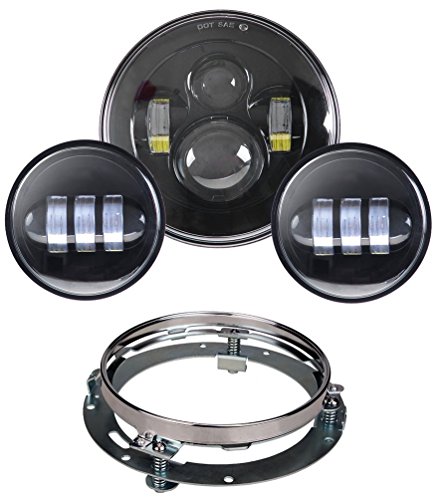 7″ Black Harley Led Headlight + 2Pcs 4.5 InchLED Fog Driving Light Auxiliary Lamp with Bracket Adapter Ring for Harley Davidson Motorcycle