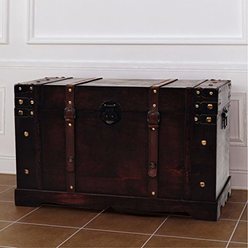 Wooden Storage Trunks, 25.98x14.96x15.75 inch Wood Made Pirate Treasure Chest Wooden Iron Lock Leather Chest with Latches Box for Antique-Style Storage Decorative Keepsak Chest