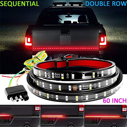 SIZZLEAUTO Truck Tailgate Bar 60" 2-Row 240 LED Strip Sequential Turn Signal Brake Reverse Taillight Red/White for Pickup RV SUV Trailer Car Towing Vehicle No Drill