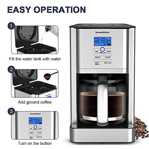 Bonsenkitchen 12 Cup Programmable Stainless Steel Drip Coffee Maker