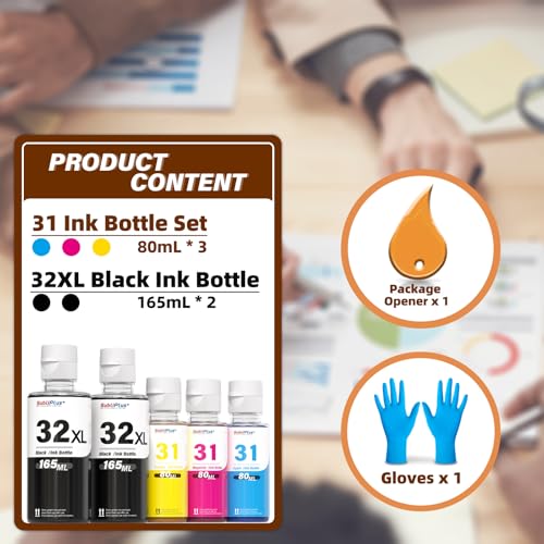 31 32XL Ink Refill Bottles, Compatible with HP Smart Tank Printer 5105 5106 5107 5108 7000 7005 7006 7305 7306 7605, 310 315 410 415 Series and More (165ML 32XL Black, 80ML 31 Color)