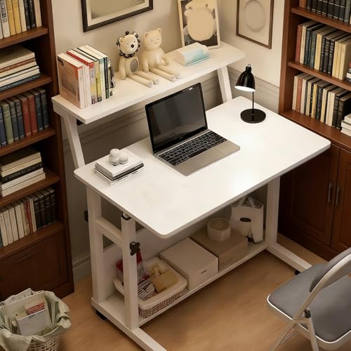 VUCATIN Small Study Desk for Bedroom, Rolling Computer Desk with Wheels Storage Shelf for Small Spaces, Adjustable Height Standing Table for Home Office (F-White)