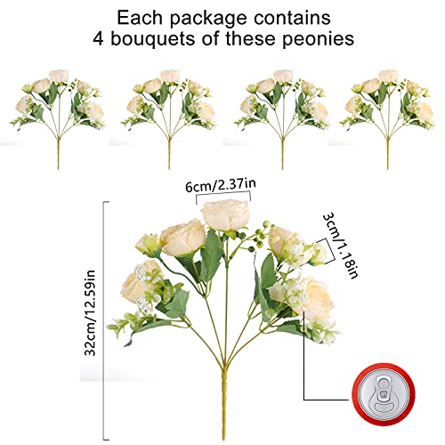 4 Bundles Peonies Silk Flowers, Artificial Peonies for Home Decoration and Wedding Bride Bouquet, Fake Peony Flowers Bulk as Crafts DIY Fake Plants Without Vase (Champagne)