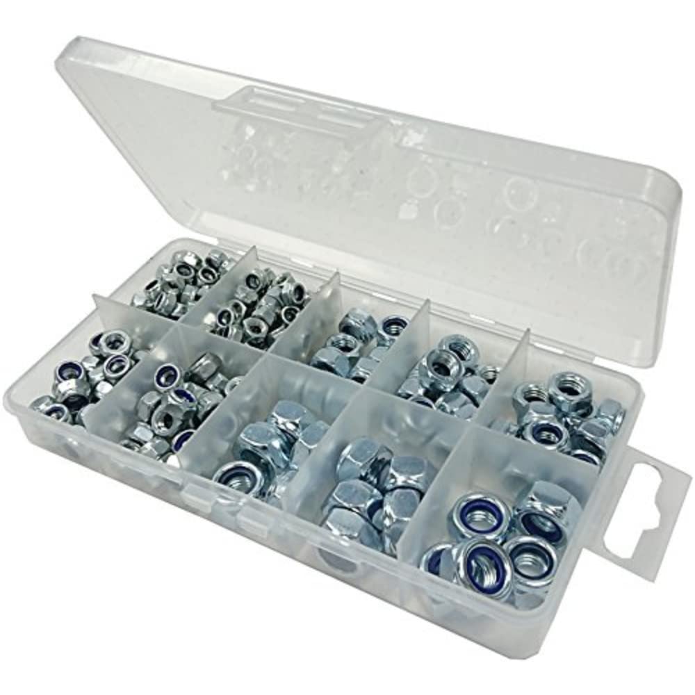 Merriway BH06565 (110 Pcs) Assortment of Self Locking Nylon (Nyloc) Hex Nuts in a 10 Compartment Carry Case - Pack of 110 Pieces