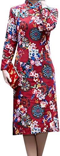YUSKYWomen YUSKY Women Slim Casual Linen Printing Classy Cheongsam Chinese Dress Red S