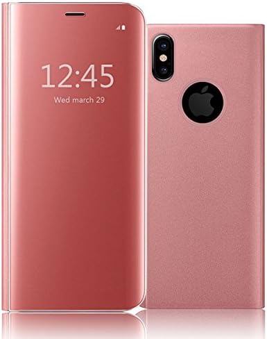 For iPhone X Case,Electroplating Ultra-thin Translucent Mirror Clear Luxury Shockproof Protective Metal Aluminum Smart View Sleep/Wake Up Function Flip Stand Cover Case for Apple iPhone X Rose Gold