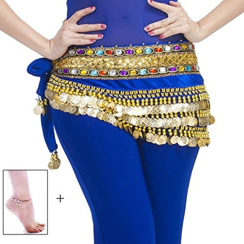 MutresoBelly Dance Hip Scarf with 248 Gold Coins 150cm Colorful Gem Belt Profession Velvet Performance Skirt Hip Wrap