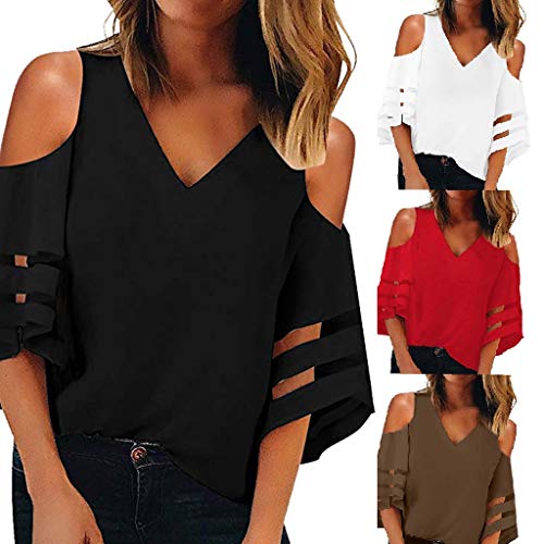 Finedayqi Woman Dress,Women Button V Neck Mesh Panel Blouse 3/4 Bell Sleeve Loose Top Shirt CO/XL Coffee