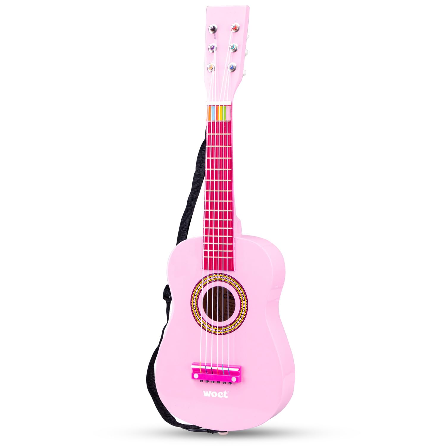 Woet® Pink Wooden Toy Guitar for Kids, 6 Nylon Strings with Strap, Spare String and Color Song Book with 3 Songs, Beginner Educational Musical Instrument, Fun Music Gift, Age 3 Years +
