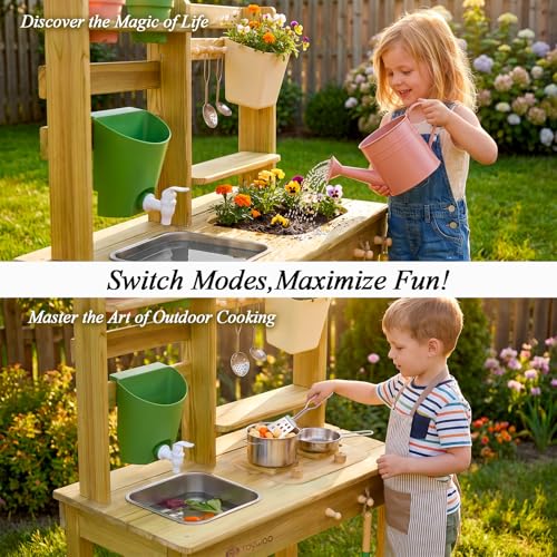 TOYWOO Mud Kitchen Children's Outdoor Play Kitchen, 3-in-1 Mud Table with Water Tank and Sink, Garden Play Kitchen Made of Finnish Wood for Boys Girls from 3 Years