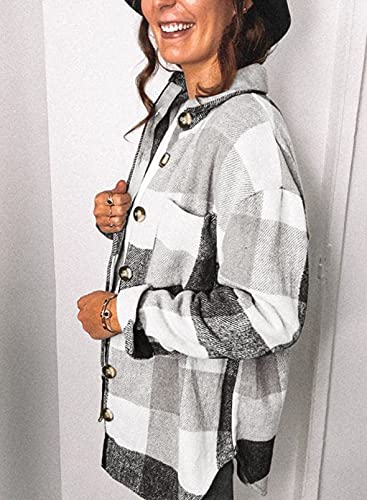 SHEWIN WOMENS CASUAL FLANNEL PLAID SHIRTS LONG SLEEVE LAPEL CASUAL BUTTON DOWN SHACKET JACKET FALL FALL OUTFITS WOMEN TRENDY,US 16-18(XL),GREY
