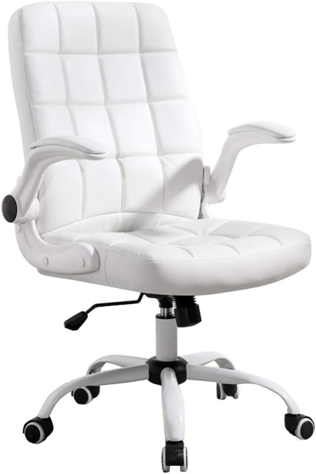 BBAGY Executive Chair Computer Chair Office Swivel Desk Task Home Faux Leather Flip-up Arms Adjustable Reception Meeting Study Room Chair Max Load 250kg (White)