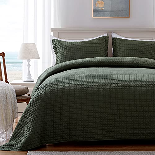 SunStyle Home Quilt Set King Olive Green Lightweight Bedspread Soft Reversible Coverlet for All
