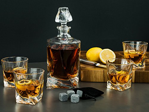 Whiskey Glass Set with Glass Whiskey Decanter - Set of 4 Old Fashioned Glasses with Bonus Granite Whiskey Stones - Great for Scotch and Bourbon - Whiskey Glasses - Perfect Holiday Gift (Twisted)