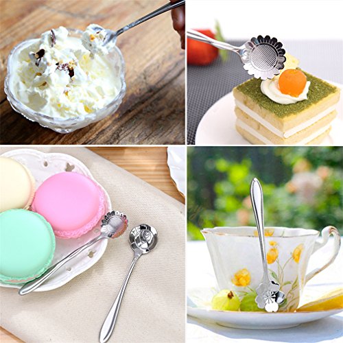 Rumfo Set of 8 Flower Coffee Spoon Tea Spoon Dessert Spoons Scoop Stainless Steel Tableware Stirring/Sugar/Stir/Bar/Mixing/Ice Cream Spoon for Kitchen Dining Bar, Condiment or Spice (Silver)