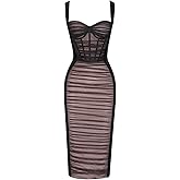 houstil Women's Strap Wedding Guest Dress Velvet Mesh Bodycon Cocktail Party Fishbone Mini Clubwear