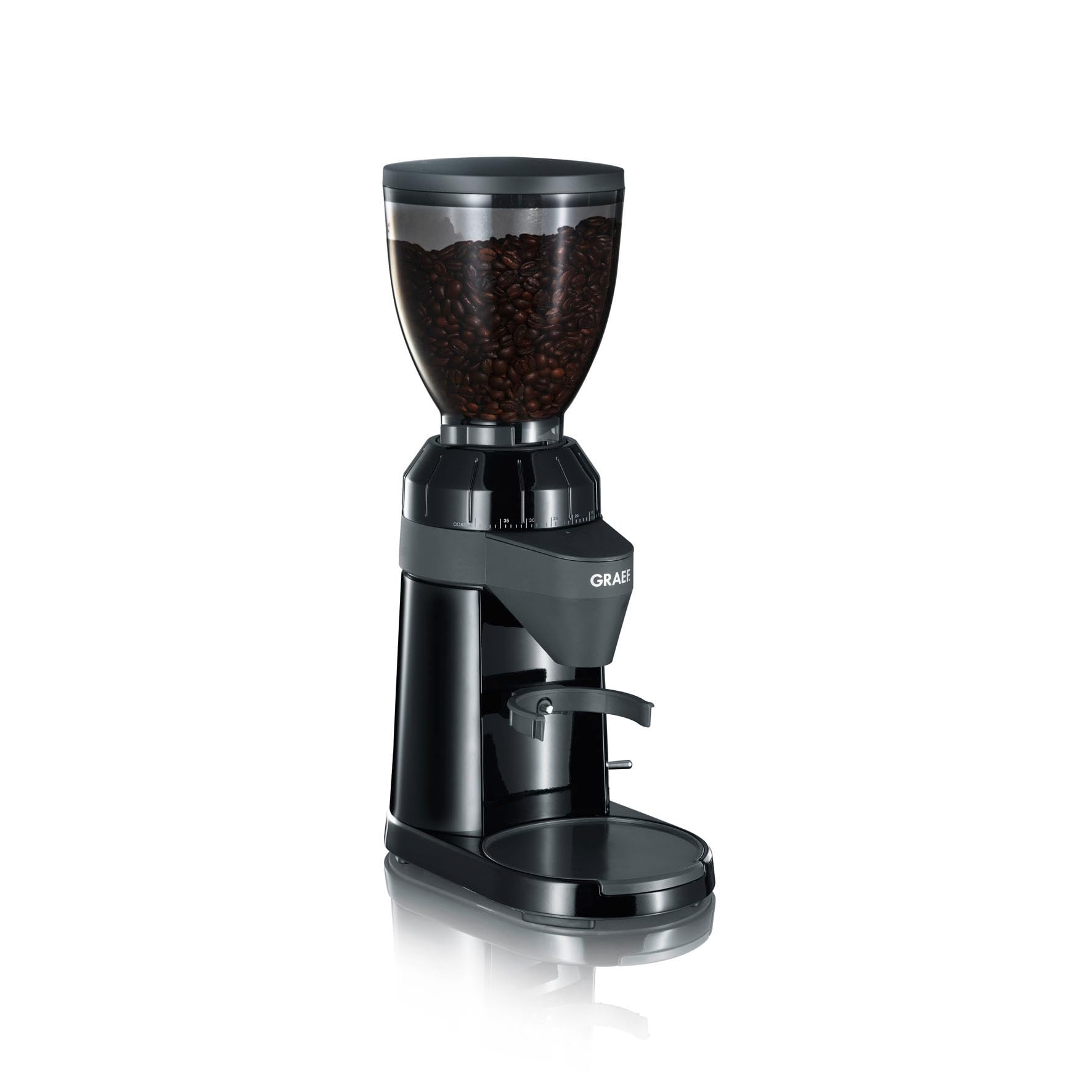 GRAEF CM802 - Elektrische Kaffeemühle, Aluminiumgehäuse, Bohnenbehälter 350 g, Edelstahl-Kegelmahlwerk, 40 Mahlgrade, Kaffeemühle Siebträger, Antistatik-Einsatz, Aluminium-Schaufelrad, 128 W, Schwarz