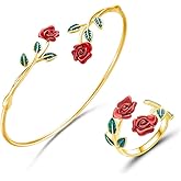 Rose Flower Jewelry Set Red Rose Floral Open Adjustable Bracelet Ring for Women Gold Armband Upper Cuff Bangle Bracelet Trendy Knuckle Finger Stacking Ring Flower Promise Jewelry Dainty Elegant Jewelry Gifts