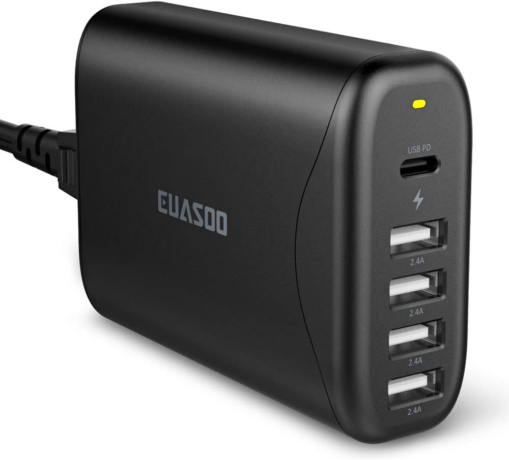 USB C Charger, USB PD Charger, EUASOO Power Delivery 3.0 60W Multi USB 5 Ports Wall Charger Station One Type C Port for iPhone X/8/8 Plus, iPad, MacBook, Samsung Galaxy S8/S8 Plus/Note 8 & More