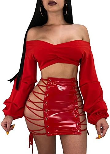 Fadvanes Womens Sexy Lace Up Faux PU Leather Bandage Bodycon Party Mini Short Skirt Clubwear Red M
