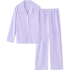 Schbbbta Girls Women Cotton Pajama Set, 2Pcs Soft Stretch Button Down Pjs Long Sleeve Sleepwear, 5 Years-Large