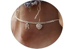 Sewyer Dainty Silver Initial Anklets for Women 14K Plated Sparkle Ankle Bracelets Simple Personalized Letter Anklet CZ Heart Cuban Chain Everyday Summer Jewelry Gift for Her