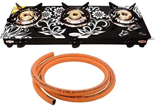 Fogger Mild Steel Powder Coated Designer Glass Top 3 Burner Manual Gas Stove with 1.5 Metre LPG Hose Pipe, ISI Certified (White)
