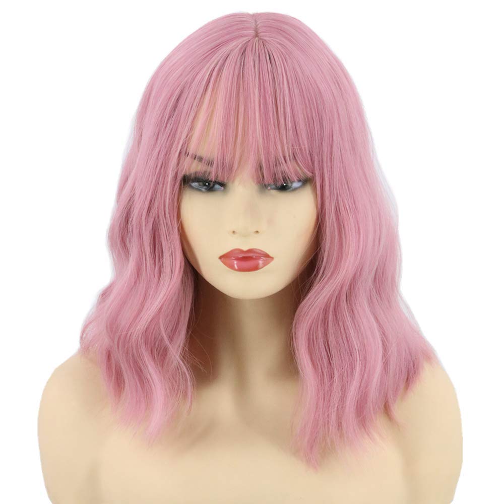 Topcosplay Short Pink Wigs for Women Wavy Bob Wig With Fringe Natural Looking Synthetic Wig