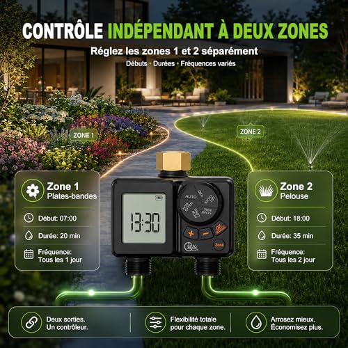 GIEX Programmateur d’arrosage rechargeable 2 zones, minuteur d’eau programmable à 2 sorties avec entrée en laiton, batterie intégrée, retard pluie et arrosage manuel