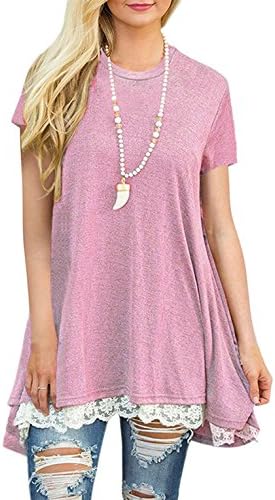 WEKILI Women's Tops Short Sleeve Lace Scoop Neck A-line Tunic Blouse S-Pink M/US 8-10