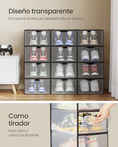 SONGMICS Cajas para Zapatos, Organizador de Zapatos de Plástico, Juego de 12, para Zapatos hasta 43, Transparente y Negro Tinta MLSP312B01