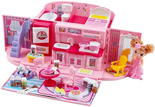 deAO 2-in-1-Spielset für Kinder in Rosa mit tragbarem Puppenhaus, Licht- und Musikfunktionen, Zubehör, Tragetasche und… – Bild 4